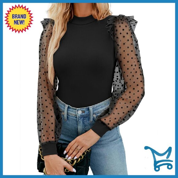 Mock Turtle Neck Polka Dot Sheer Mesh Puff Sleeve Bodysuit Top